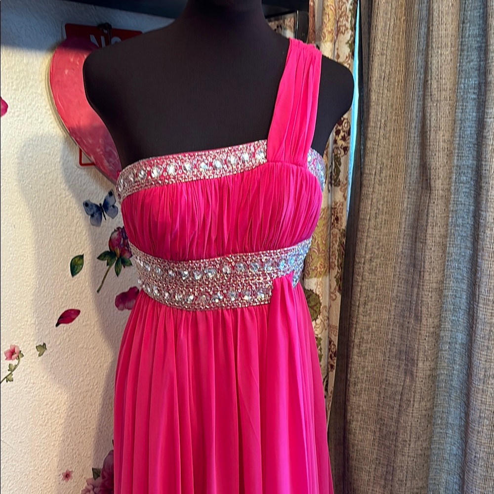 Vintage 1990’s May Queen Couture Pink One-Shoulder Gown with Rhinestone’s Size 6